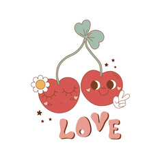 Groovy love hippie 70s poster. Funny cartoon cherry character. Vector Valentines day card in trendy retro psychedelic cartoon style. Smiling berry with eyes isolated element. Funny drawing sticker