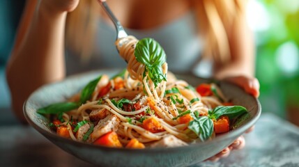 Gluten-Free Alternative, Close-Up of a Person Enjoying a Gluten-Free Buckwheat Pasta Dish, Emphasizing the Health Benefits of Buckwheat for Dietary Needs
