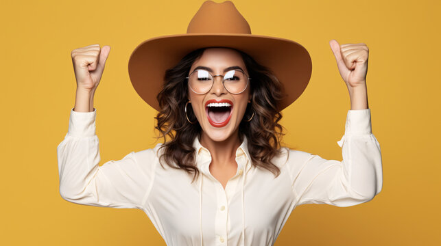 Beautiful hispanic woman wearing elegant shirt and glasses very happy and excited doing winner gesture with arms raised, smiling and screaming for success. celebration concept