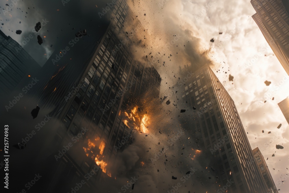 Poster a massive fire engulfing a city, creating chaos and destruction. this image can be used to depict a 