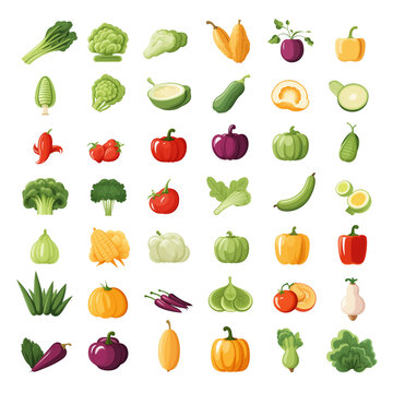 Vegetable flat icon set on white background, no text, Ai generated image
