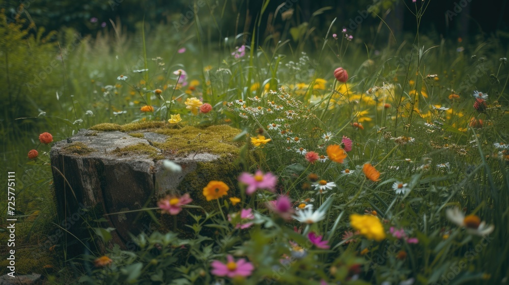 Poster A tree stump surrounded by a vibrant field of flowers. This image can be used to represent the contrast between nature and human intervention