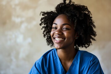 a woman wearing a blue scrubs smiling