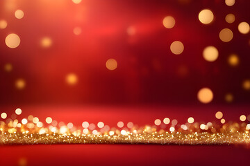 Red background with golden light effects. Horizontal background with bokeh blur effects for Christmas. photo platform AI platform