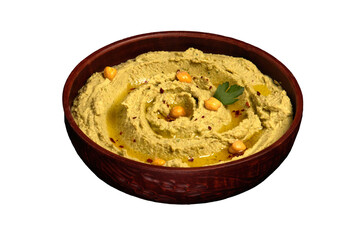 Hummus in a brown ceramic bowl on a clear background. Vegetarian food