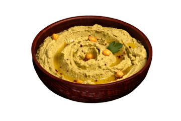 Hummus in a brown ceramic bowl on a clear background. Vegetarian food