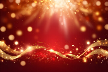 Fototapeta na wymiar Red background with golden light effects. Horizontal background with bokeh blur effects for Christmas. photo platform AI platform