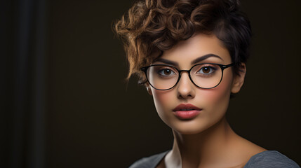 Beautiful hispanic woman with short hair wearing glasses