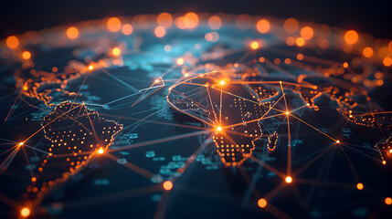 Lines of light crisscross a stylized world map, illustrating the interconnectedness of global business and international data transfer.