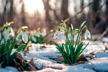 Snowdrops, the first spring flowers in a snowy forest in the rays of the sun