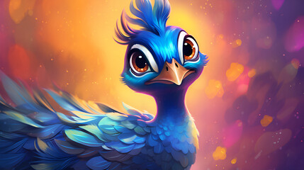 Peacock. A young beautiful bird, brightly colored on a bright background. Funny, cartoon character. Close-up