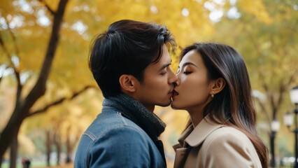 Fototapeta premium Embracing Couple Sharing a Tender Moment in a Sunlit Autumn Park