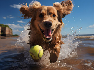 Dog is running on the beach with a tennis ball