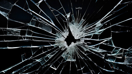 bullet hole in broken glass on black background