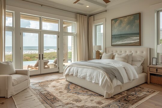 a serene beach house bedroom with panoramic ocean views