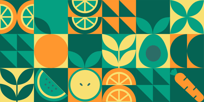 Green geometric mosaic seamless pattern illustration. Organic fruit vegetable geometric pattern. Natural food background creative simple bauhaus style, agriculture vector design. Healthy Food pattern
