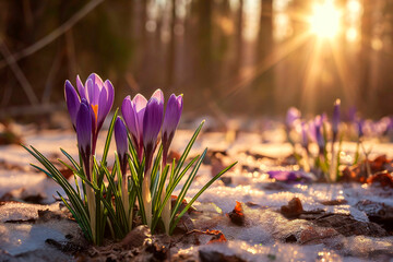 Crocuses of different colors, the first spring flowers in a snowy forest in the rays of the sun
