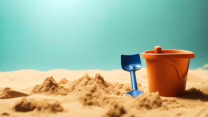 Sandbox with a child's bucket and a shovel on it. - obrazy, fototapety, plakaty
