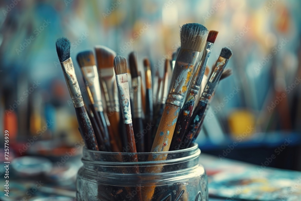 Fototapete a collection of paint brushes neatly arranged in a jar on a table. perfect for art and creativity pr
