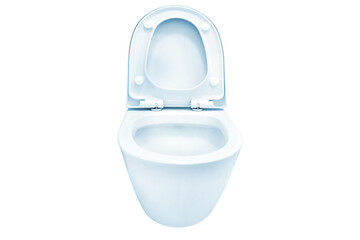 White blue flush toilet with open lid, water closet, ceramic seat isolated on white background
