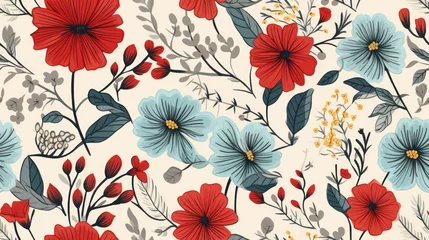 Deurstickers boho, doodle, floral seamless pattern, color pastel. Generative Ai © Passtudio