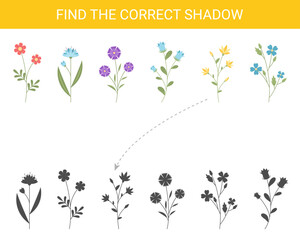 Find the appropriate shadow of the flower. A game for children. Educational game. Vector illustration.find; correct; shadow; flowers; game; preschool; education; puzzle; kindergarten; learning; play; 