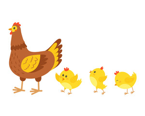 The chickens follow the chicken. Chicken family. Vector illustration.