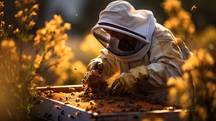 a professional beekeeper wearing a protective clothing and veil taking care of his bee hive in the rural setting, harvesting honey