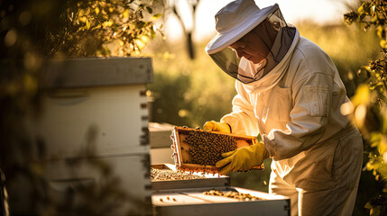 a professional beekeeper wearing a protective clothing and veil taking care of his bee hive in the rural setting, harvesting honey