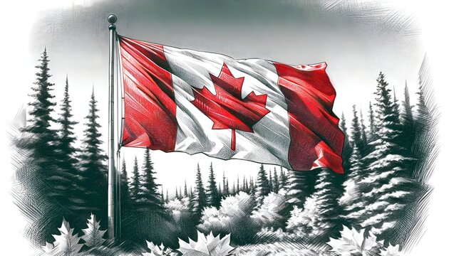 Sketchy style illustration of the canadian flag flying on a pole with a pine forest background.