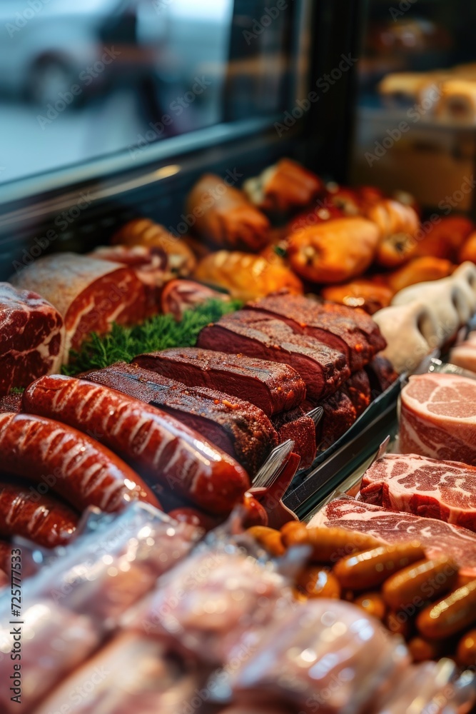 Poster a display case filled with a variety of meats and sausages. this picture can be used to showcase a w