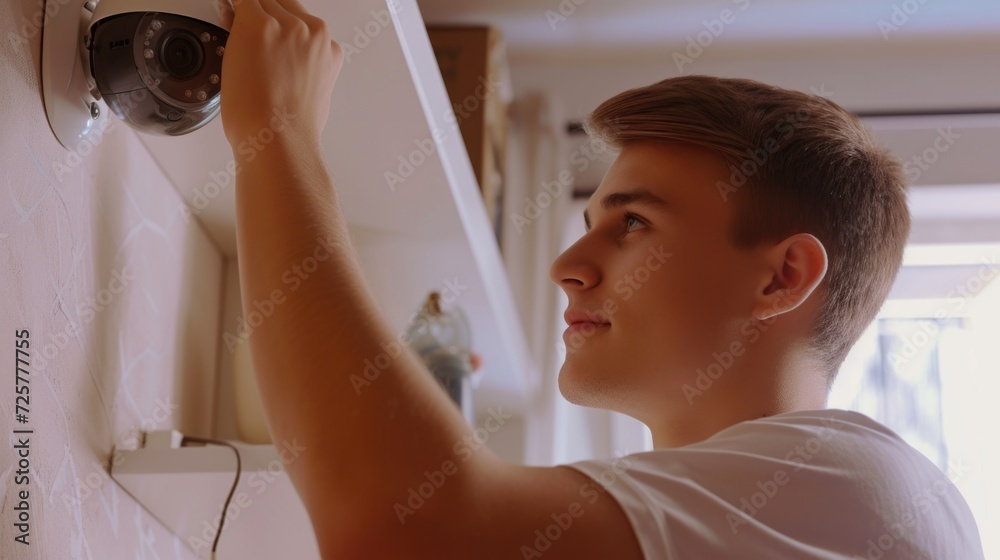 Poster A man is seen installing a security camera on a wall. This image can be used to illustrate the concept of home security and surveillance