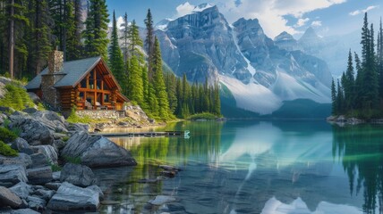 Fototapeta premium a rustic cabin glowing amidst the rocky landscape and dense pine forest, overlooking the tranquil beauty of a shimmering lake, offering a serene retreat into nature's embrace.