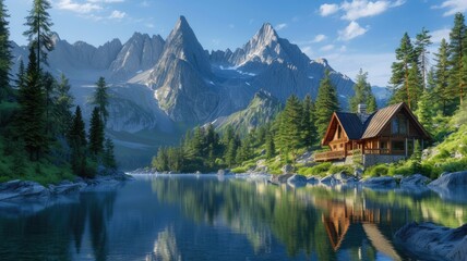 Fototapeta premium a rustic cabin glowing amidst the rocky landscape and dense pine forest, overlooking the tranquil beauty of a shimmering lake, offering a serene retreat into nature's embrace.