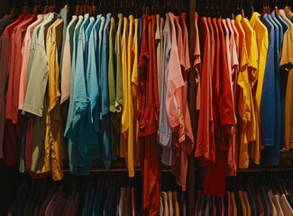 Second-hand, secondary consumption. The colorful collection of neatly hung clothing showcases a variety of textures and shades.