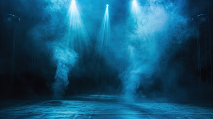 Empty stage or scene with spotlights and blue smoke effect as wallpaper background illustration - obrazy, fototapety, plakaty