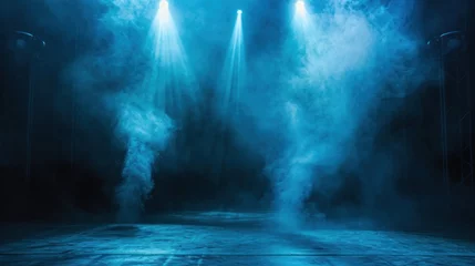 Fototapeten Empty stage or scene with spotlights and blue smoke effect as wallpaper background illustration © iv work