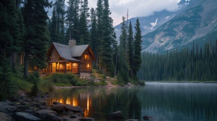 a rustic cabin glowing amidst the rocky landscape and dense pine forest, overlooking the tranquil beauty of a shimmering lake, offering a serene retreat into nature's embrace.