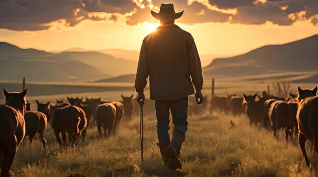 a man in a cowboy hat walking with a herd of cattle