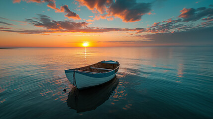 A lonely empty wooden boat is in calm water. calm reflection, mirror of nature - obrazy, fototapety, plakaty