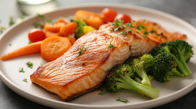 appetizing salmon meal with vegetables white plate