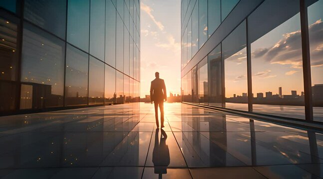 a man standing in front of a building at sunset