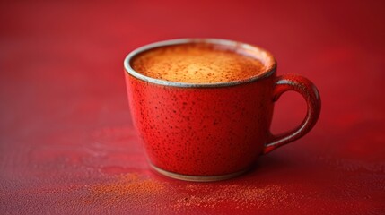  a close up of a cup of coffee on a red table with a red tablecloth and a red tablecloth with a red table cloth with a red background.