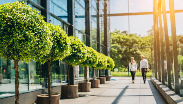 Blurred background of people walking in a modern office building with green trees and sunlight , eco friendly and ecological responsible business concept image with copy space