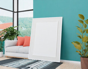 Frame mockup, ISO A paper size. Living room wall poster mockup. Interior mockup with house background. Modern interior design. 3D