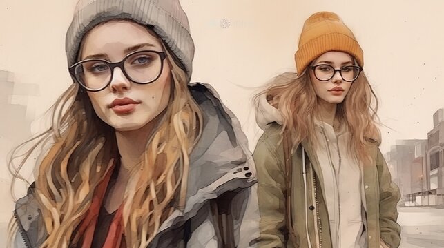 Stylized portrait of a modern woman surrounded by the street, graphic style. Concept: urban fashion and elegance, modern sports-chic or casual clothing, city life
