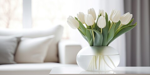 Modern living room adorned with white tulips.