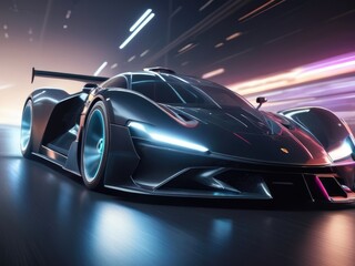 Obraz na płótnie Canvas Blurred Horizon: black Futuristic Car in High-Speed Motion Side View