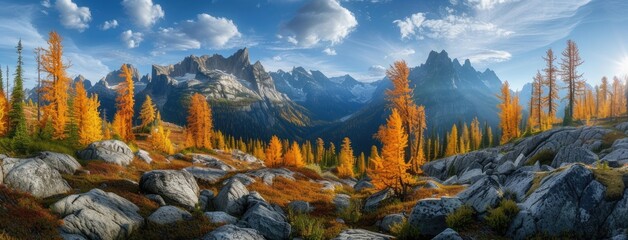 a rocky mountain meadow adorned with larch trees, set against the backdrop of a majestic mountain range, inviting viewers to immerse themselves in the tranquil grandeur of the natural landscape. - obrazy, fototapety, plakaty