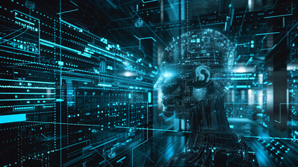  futuristic image of a man's face with technology behind it, in the style of robotic motifs